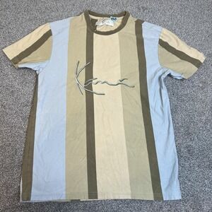 Kane Shirt Mens Small Beige Olive Blue Vertical Stripe Embroidered Logo Tee‎
